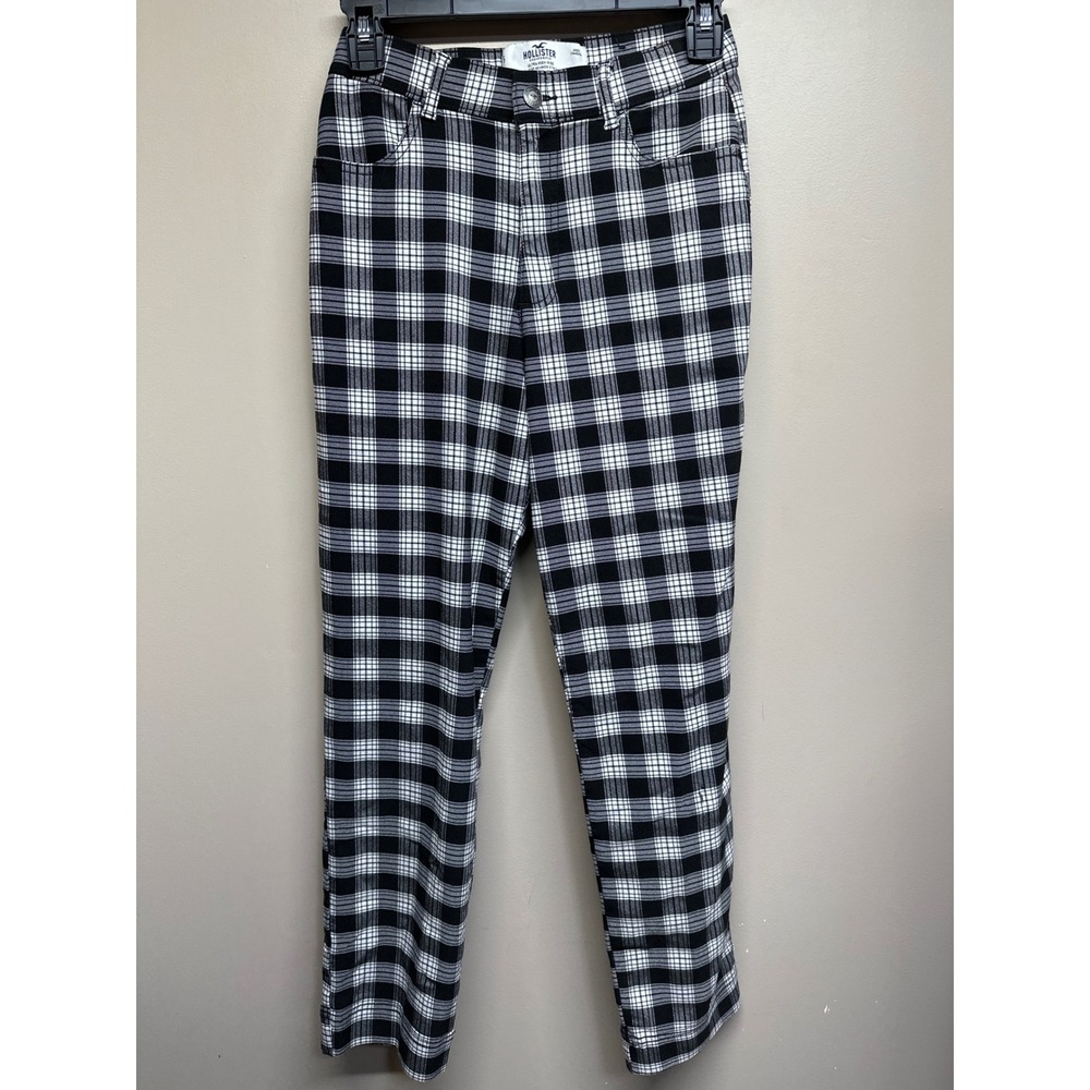 Hollister California Ultra High Rise Plaid Pants Women's XS Black White Stretch
